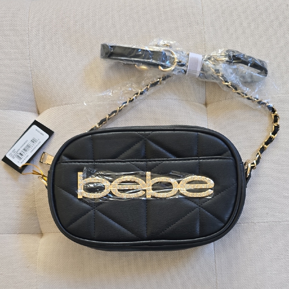NWT - Bebe Zaza Camera Crossbody Quilted Bag with Gold Logo and Chain